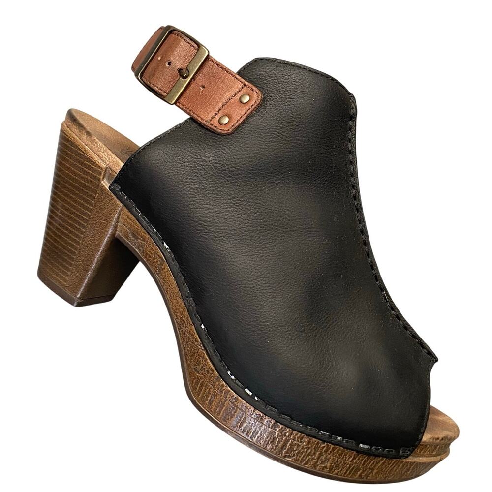Dansko Heel Mule Women Sz 40 EU 9 US Black Leather Ankle Strap Peep Toe